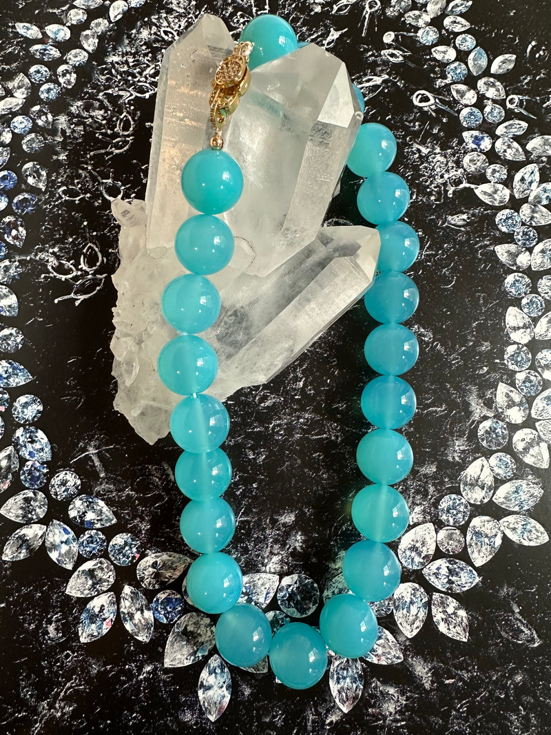 Sea Blue Chalcedony 18mm Round Beaded Necklace
