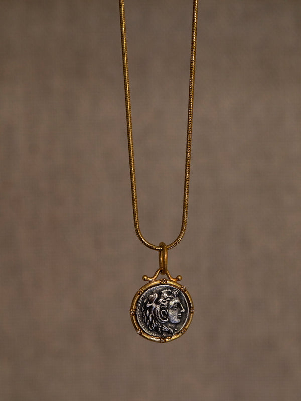 24 Karat Gold Diamond and Silver Coin Pendent Necklace of Alexander the Great